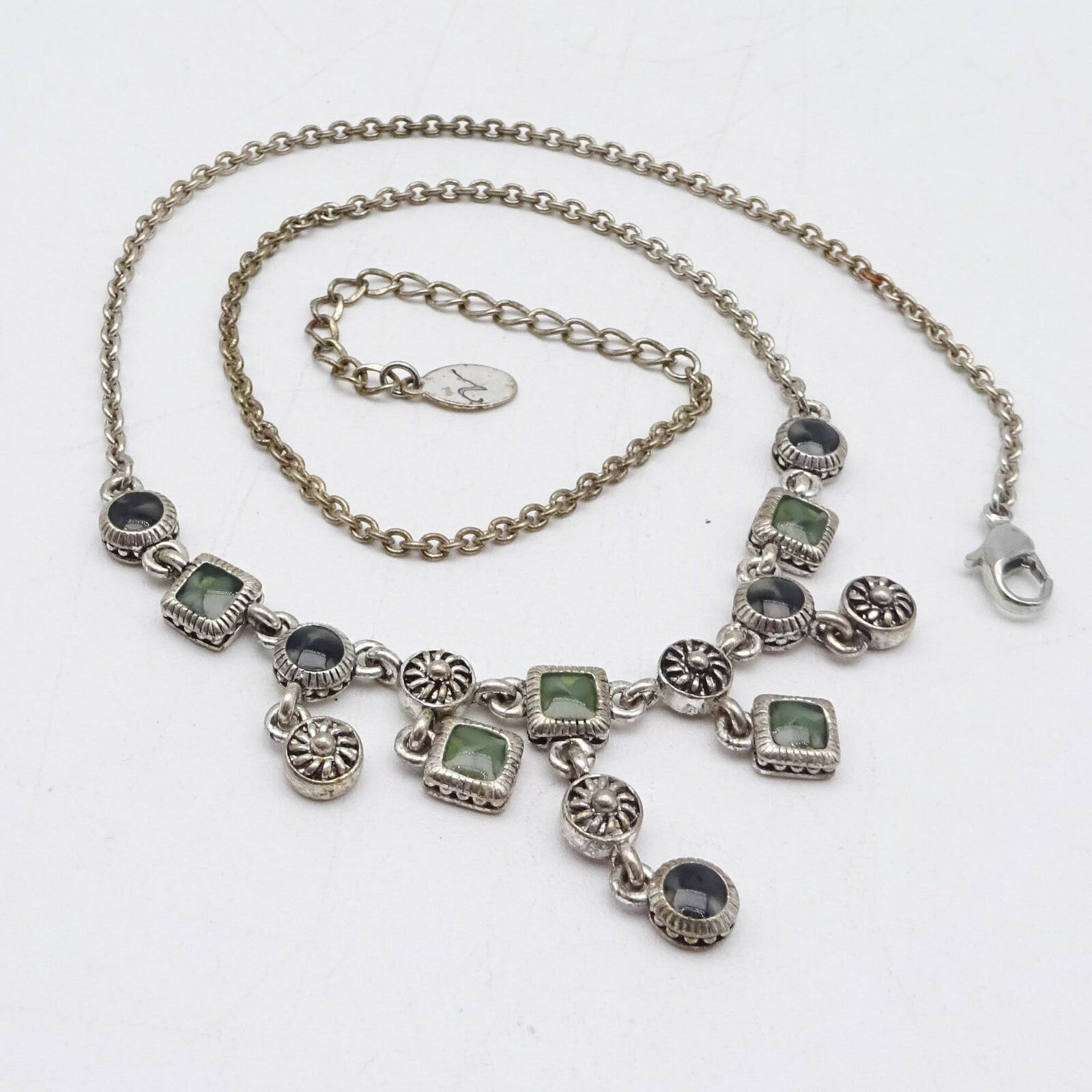 Necklace Silver tone Green Black Acrylic Dangle Signed Well Made 16" - 18”