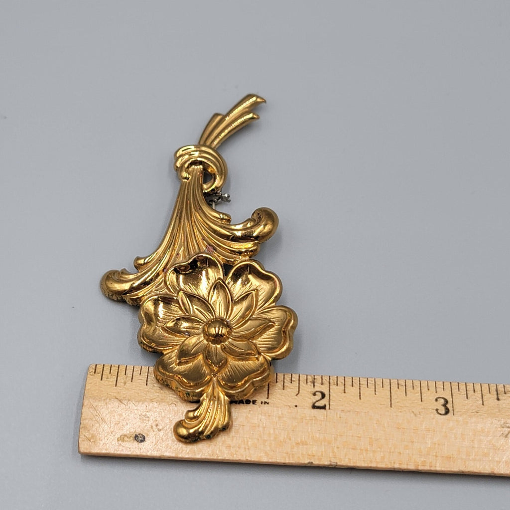 Vintage Flower Brooch Embossed Gold Tone Metal 3 3/8""