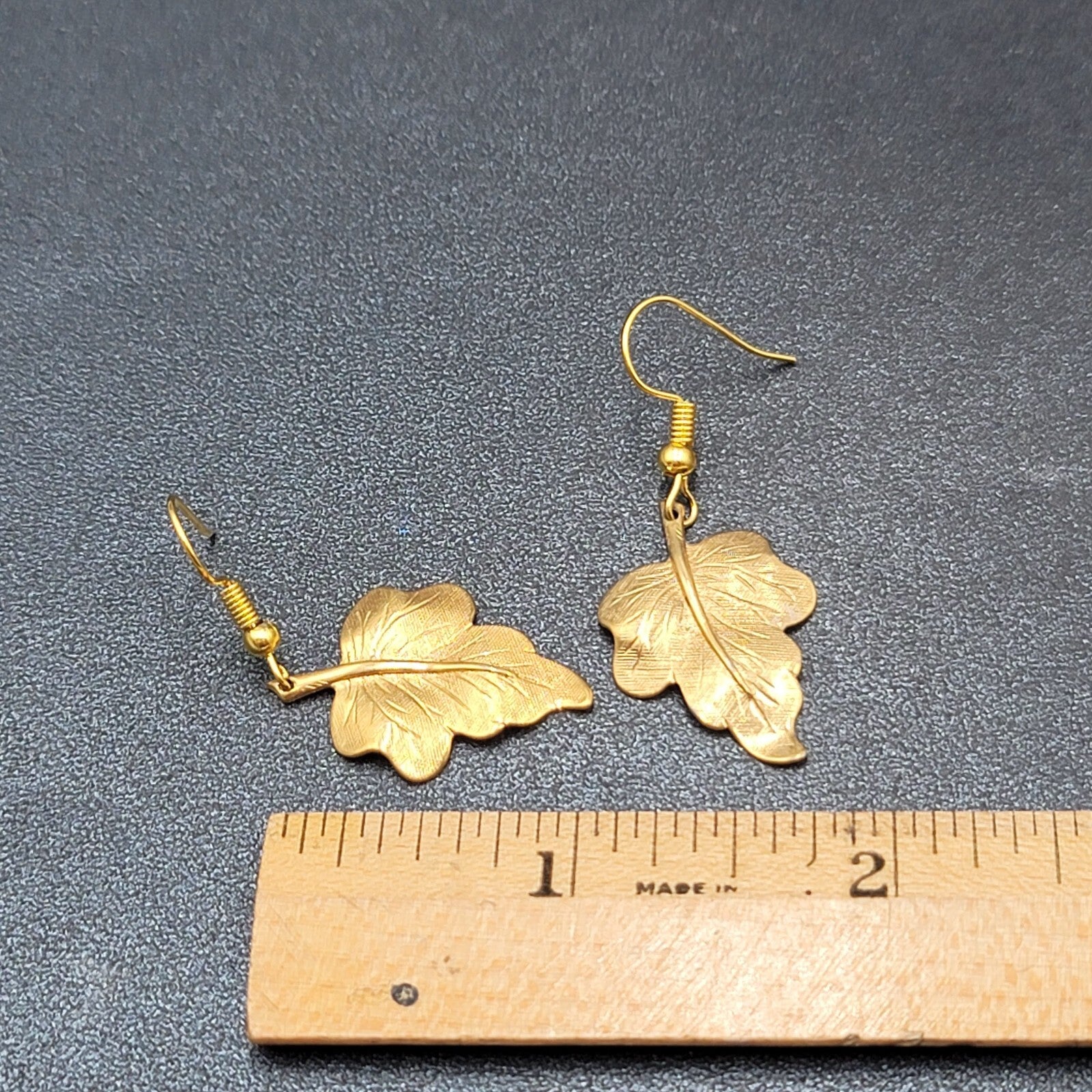 Pierced Earrings Brushed Gold Plated Dangle Detailed Leaves 1 1/8"
