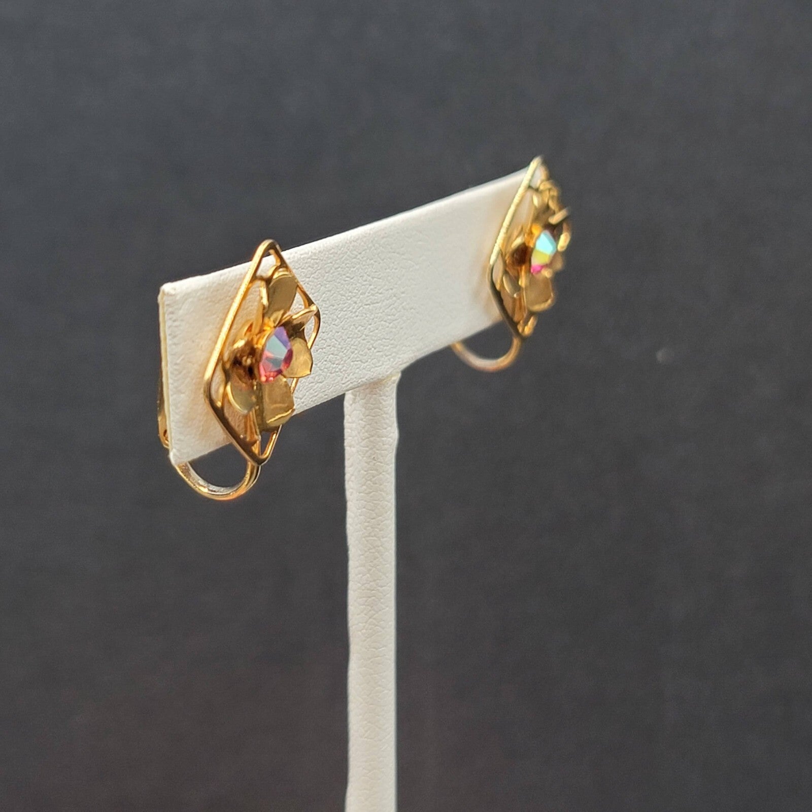 Vtg Clip on Earrings Gold tone Flower Aurora Borealis AB Rhinestone Studs 3/4"