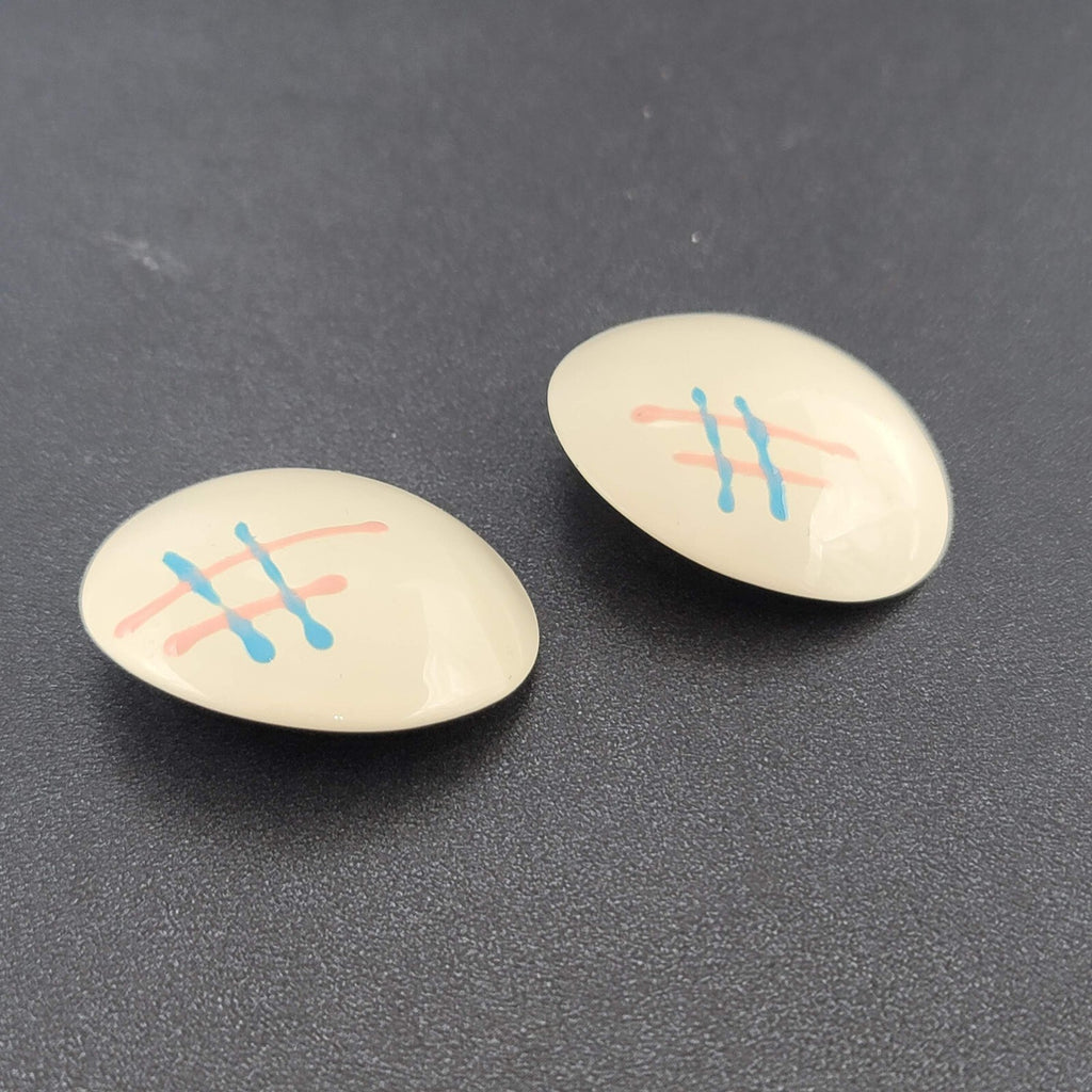 Vintage 1980s Pierced Earrings White Pink Blue Enamel over Metal 1.5"