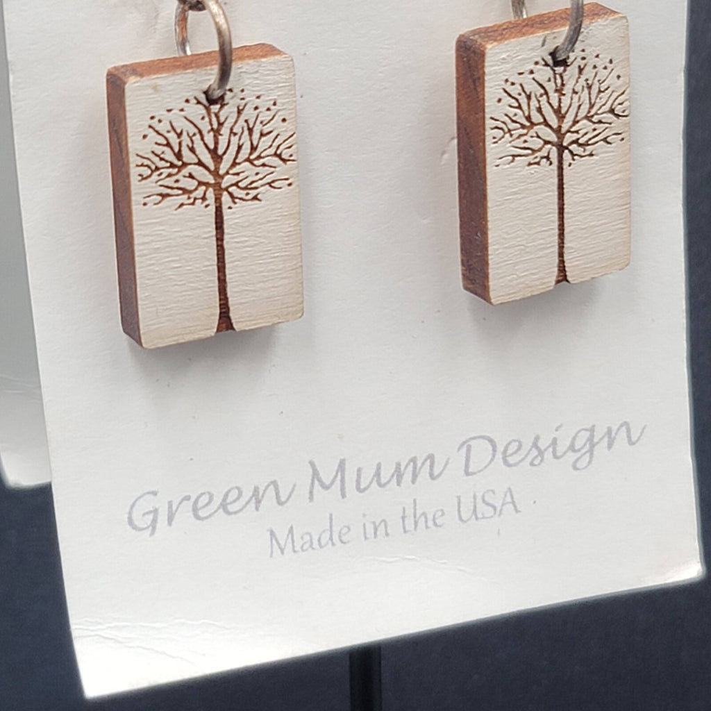 Green Mum Design Pierced Earrings Laser Cut Tree Wood Dangle 1"