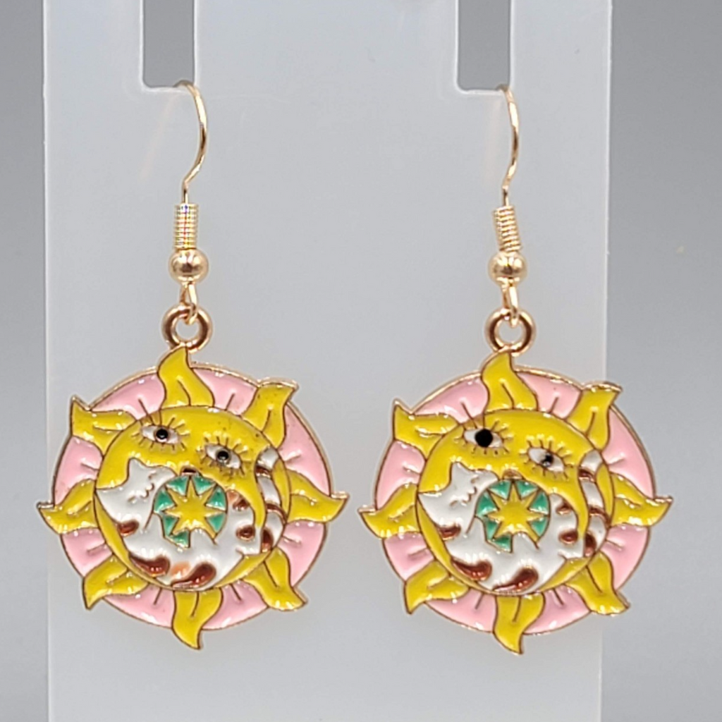 Kitty Cat in the Sun Enamel Pierced Earrings Gold tone Dangle 1 1/8"