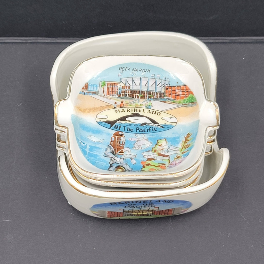 Vtg Marineland Ceramic Souvenir Ashtray Set w Holder