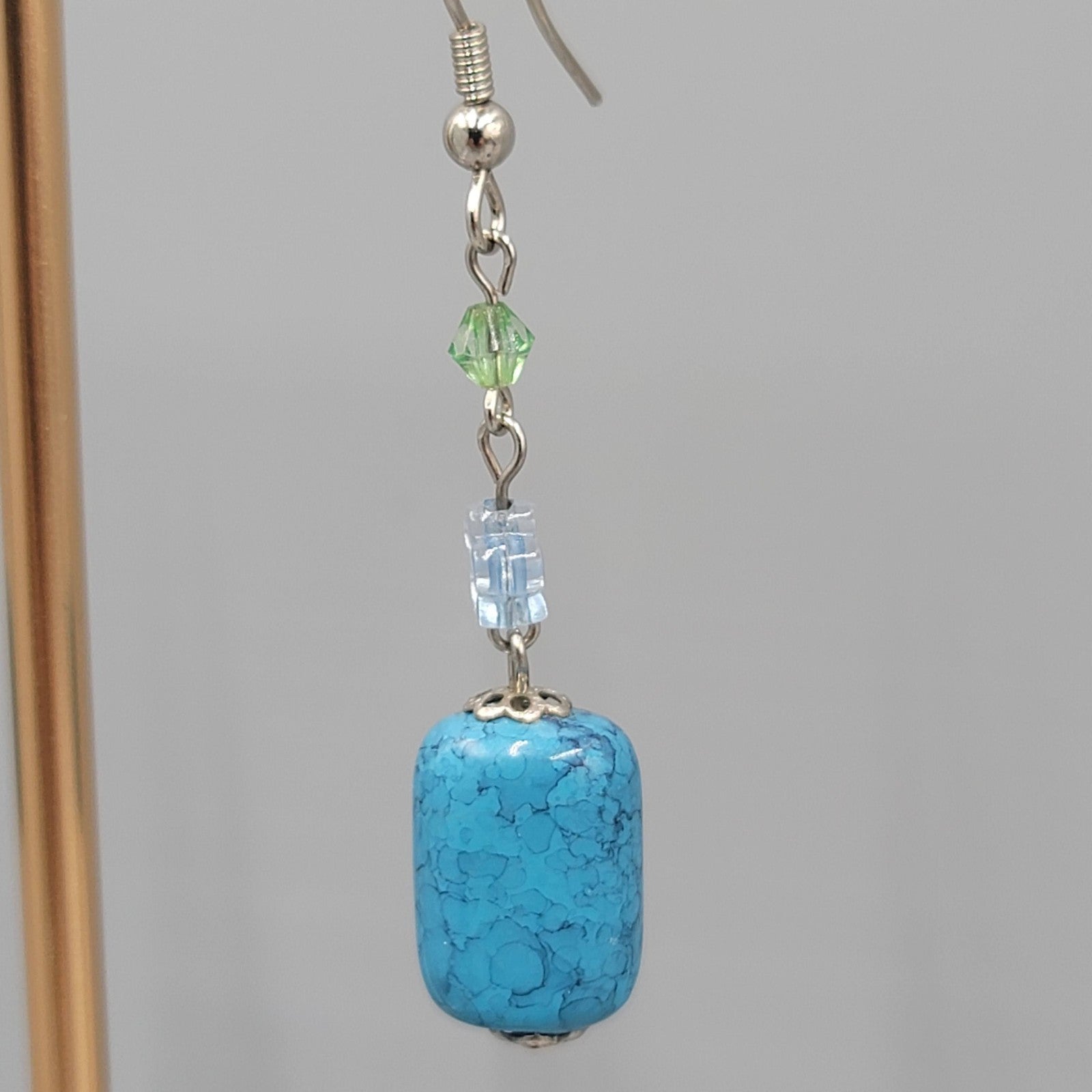 Blue & Green Bead Pierced Earrings Silver tone Dangle  1.5 in