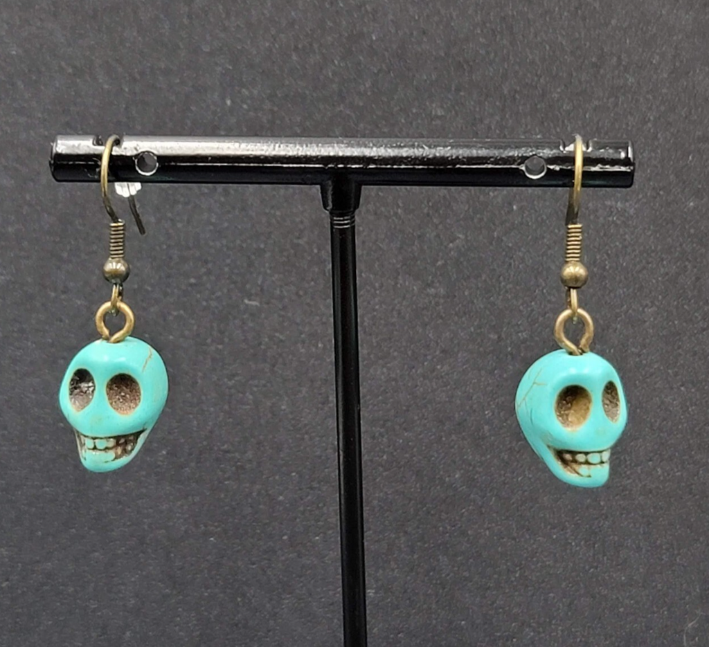 Skull Pierced Earrings Blue Howlite Stone Bead Dangle 3/4"