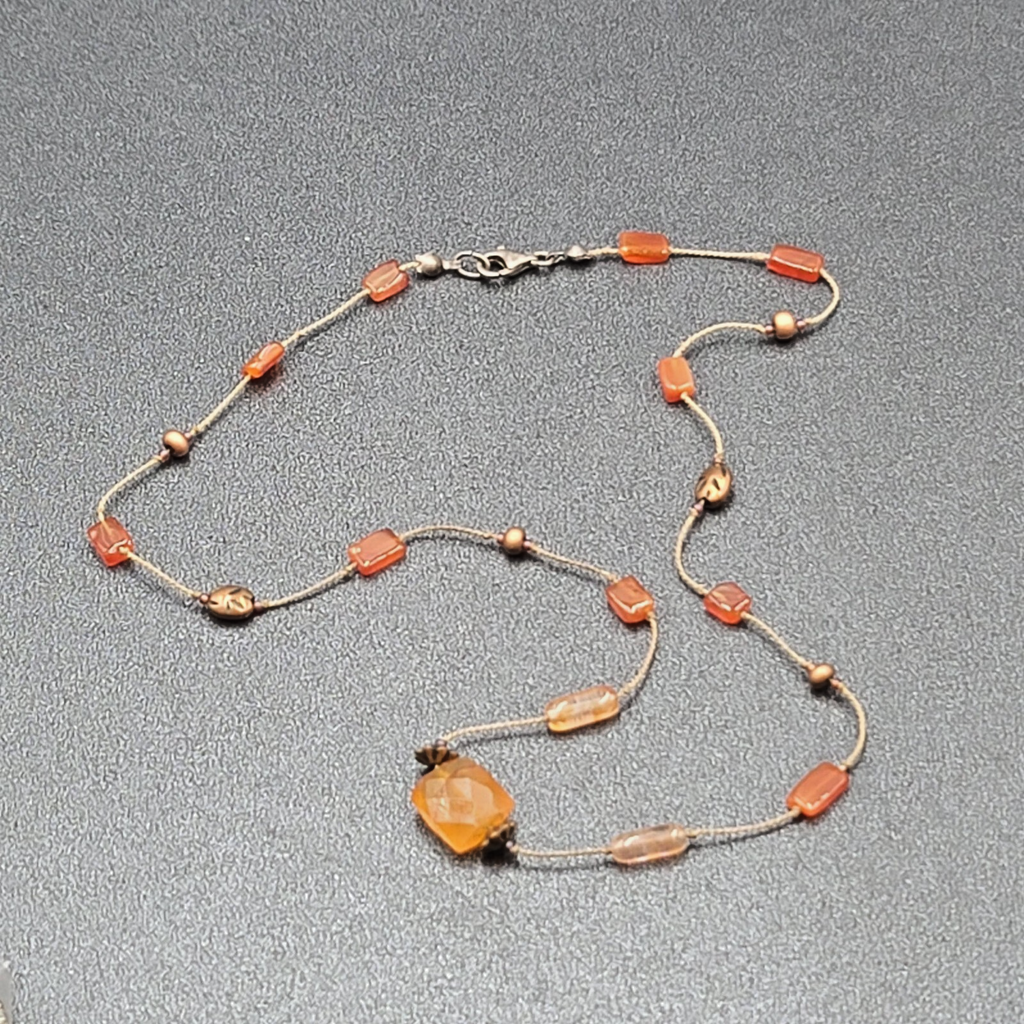 Dainty Orange Stone Necklace Hand Knotted Cord Station Copper tone Metal 17"