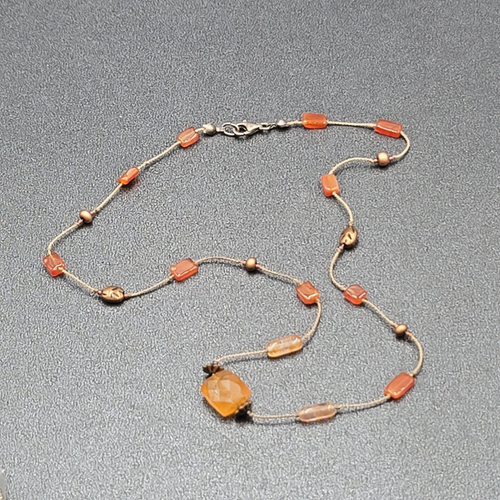 Dainty Orange Stone Necklace Hand Knotted Cord Station Copper tone Metal 17"