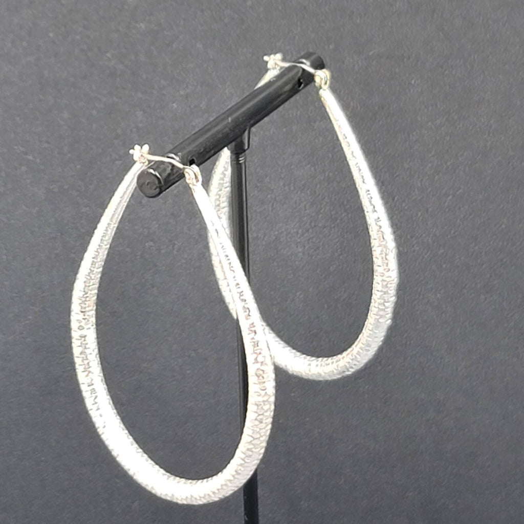 Pierced Earrings Silver tone Large Textured Hoops Teardrop Dangle 2.25"