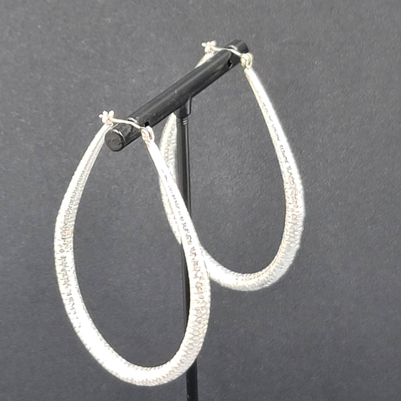 Pierced Earrings Silver tone Large Textured Hoops Teardrop Dangle 2.25"