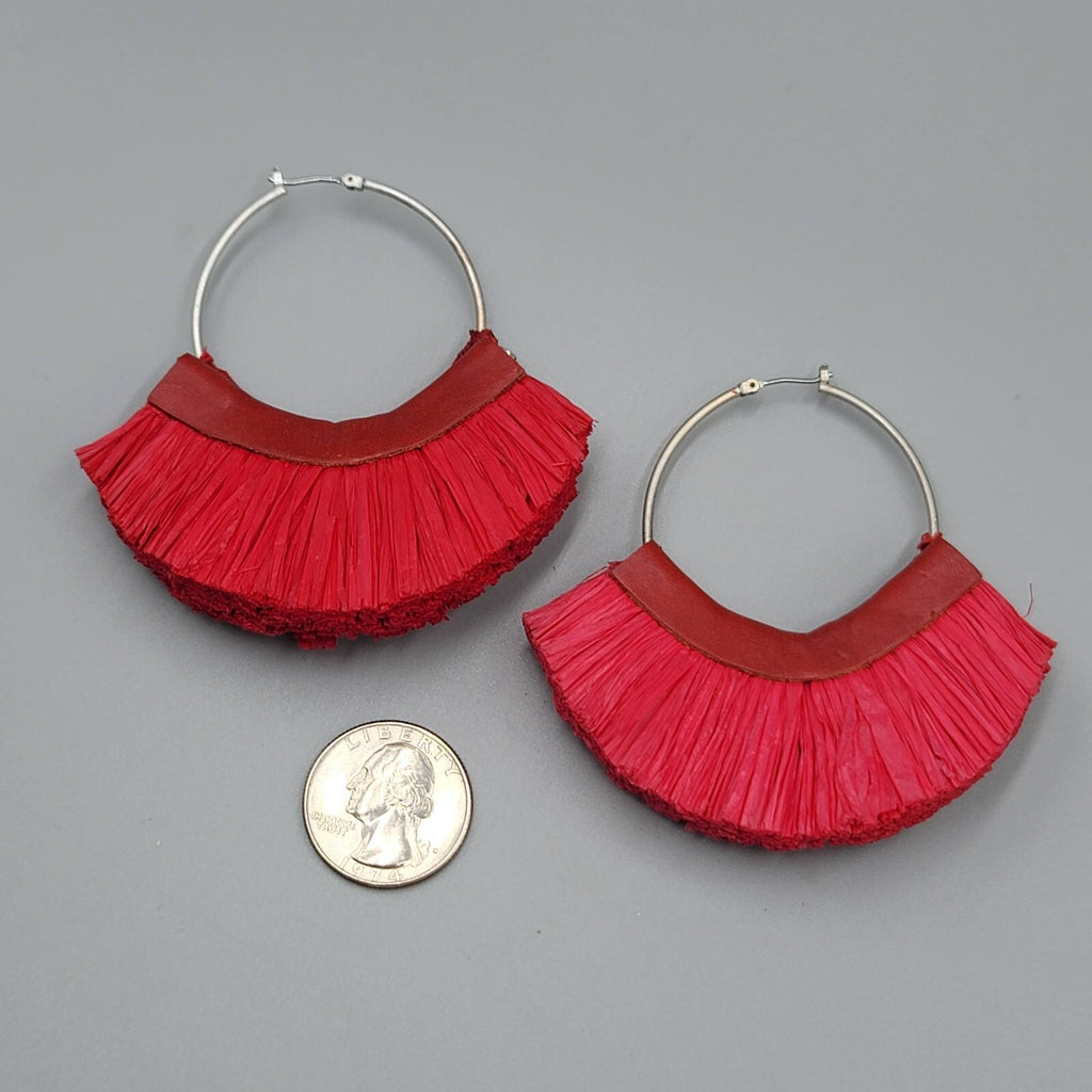 Large Statement Red Rattan Pierced Earrings Purple Bead Hoops 3"