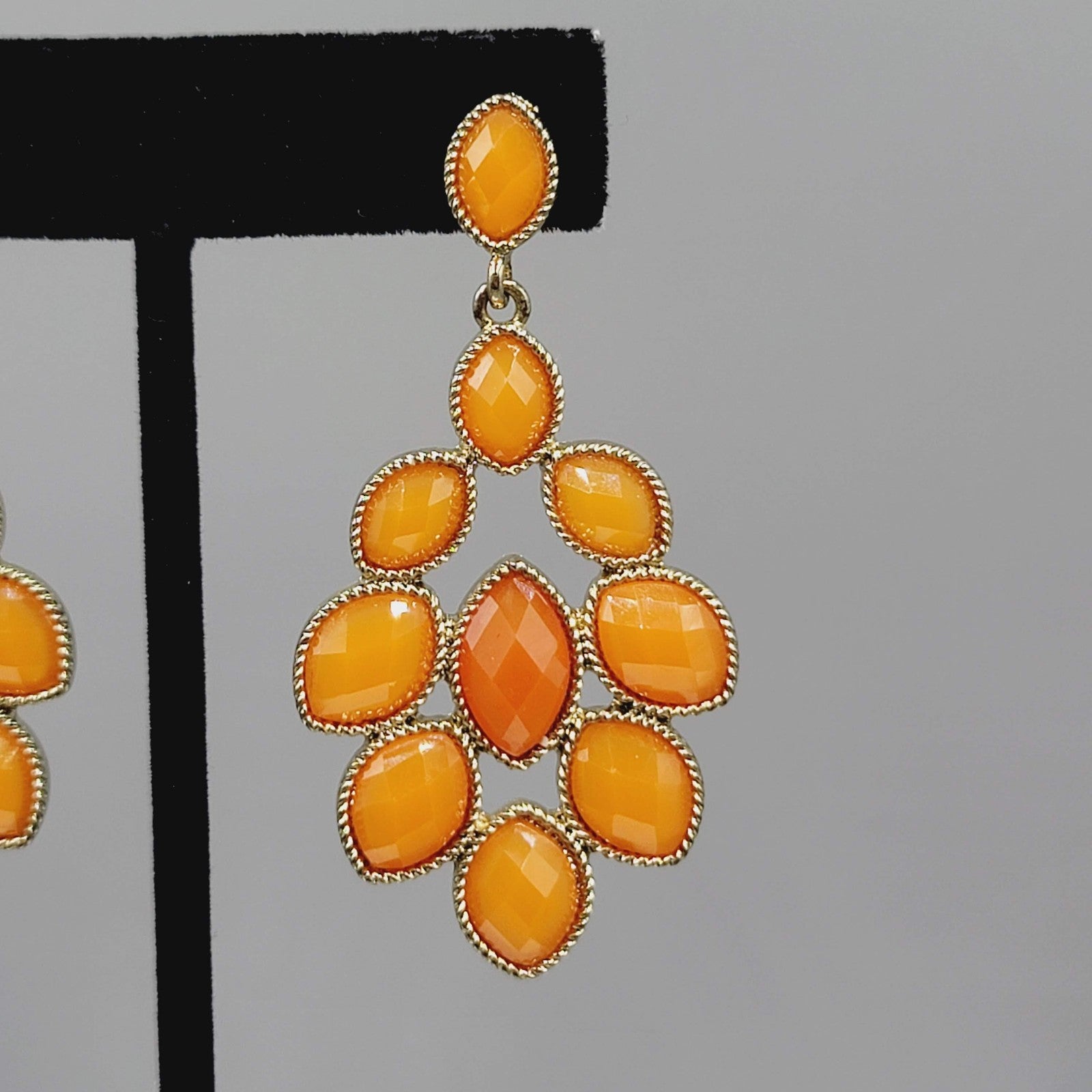 Statement Dangle Pierced Earrings Gold Tone Faceted Orange Bold Costume 2.5"