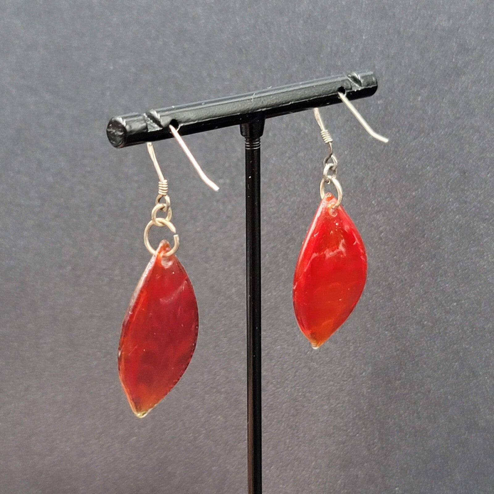 Sterling Silver Pierced Earrings Dichroic Red Glass Dangle 1.25"