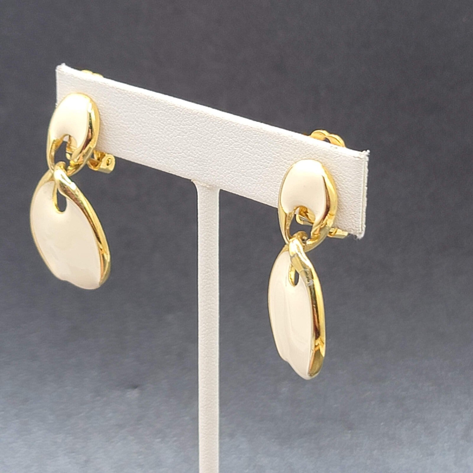 Vintage Clip on Earrings Gold Plate White Enamel Dangle 1.5"