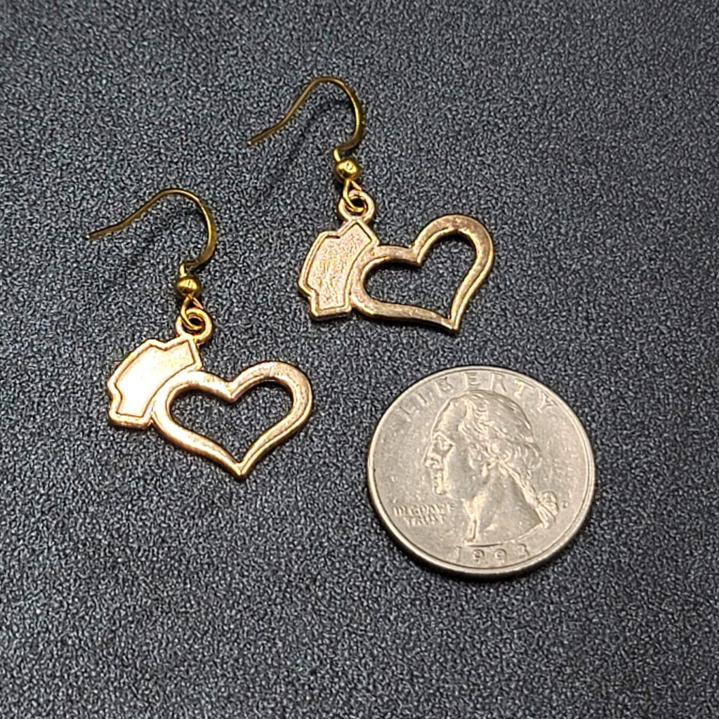 Nurse Heart Pierced Earrings Red White Enamel Gold tone Dangle 3/4"