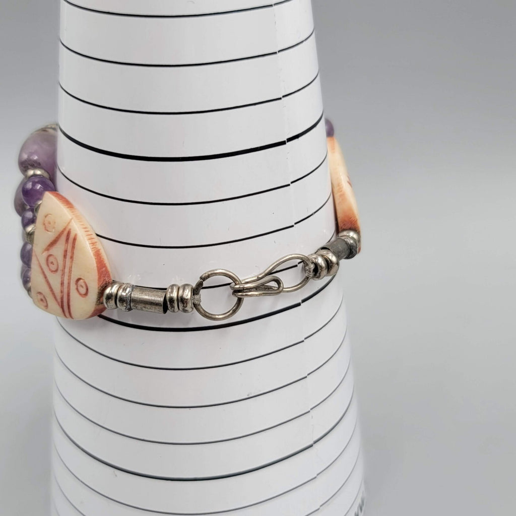 India Bracelet Hand Carved and Purple Amethyst Beads Silver tone 7 in