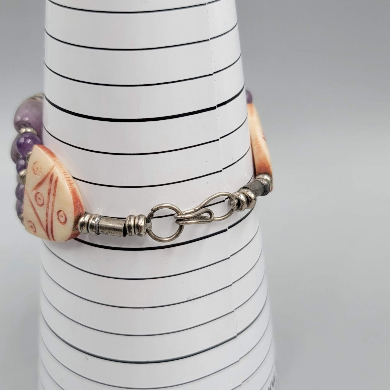 India Bracelet Hand Carved and Purple Amethyst Beads Silver tone 7 in