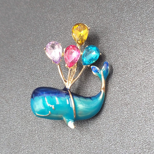 Crystal Rhinestone Whale Brooch Blue Enamel Multi Color Balloons 1 7/8"