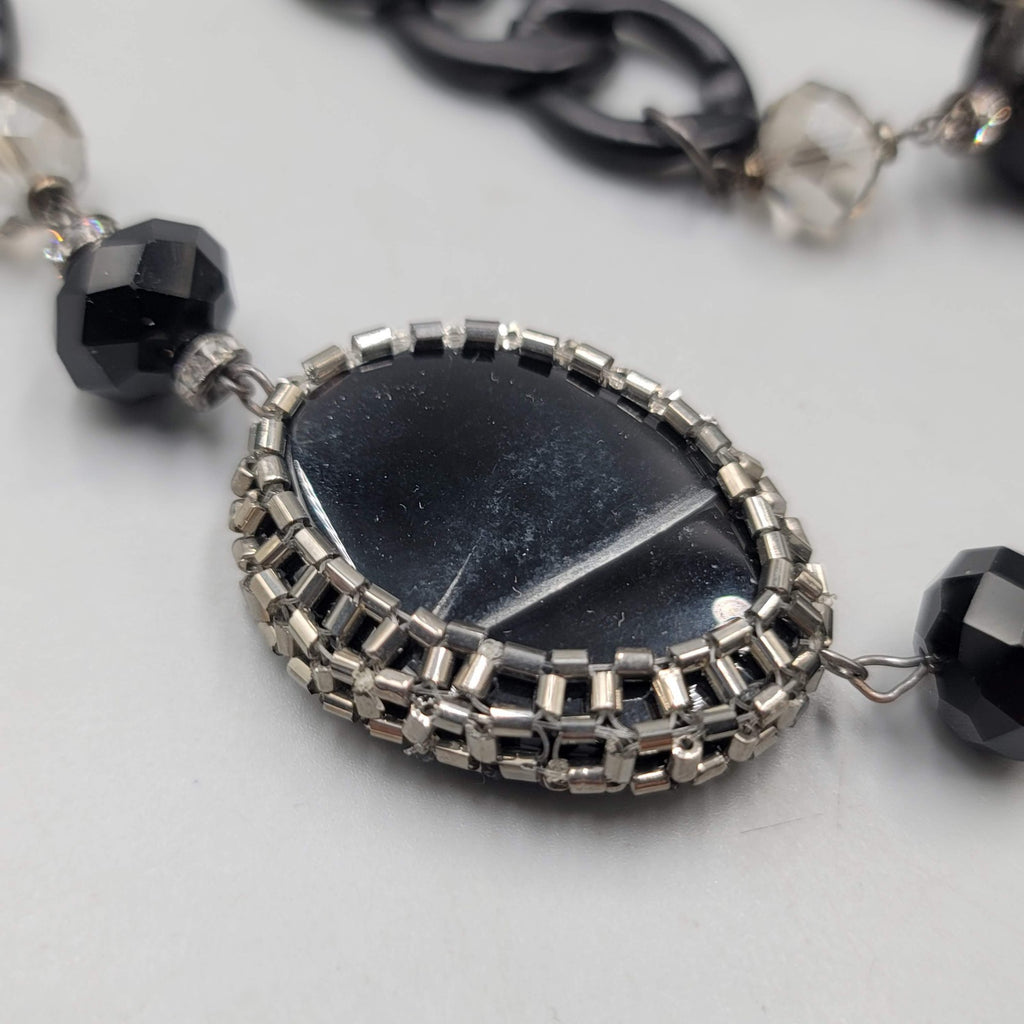 Large Statement Black Metal Eclectic Stone Beads Necklace 36 in