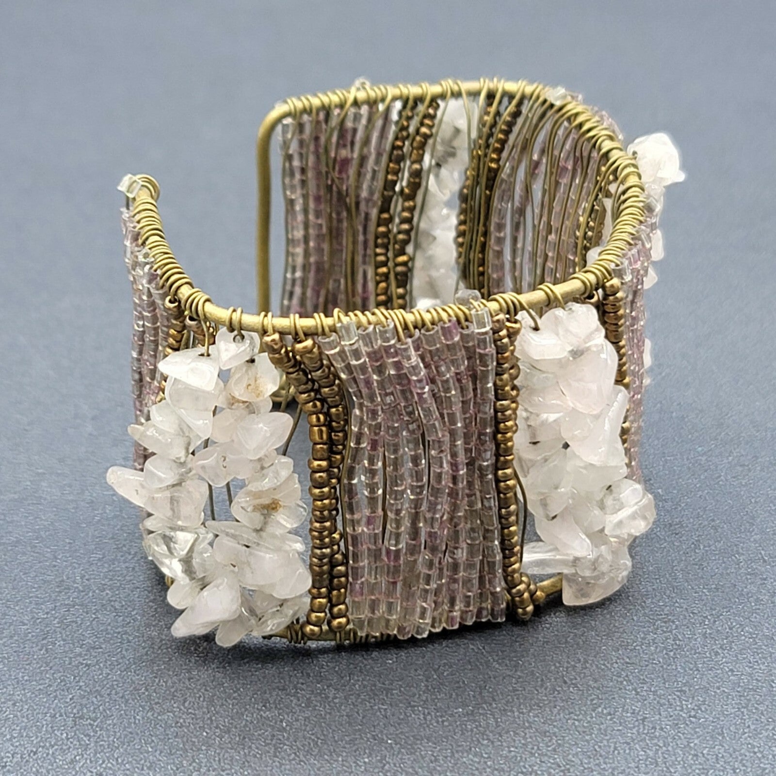 CHUNKY Urban Artisanal Metal Wire Wrapped Wide Cuff Bracelet Quartz Beads