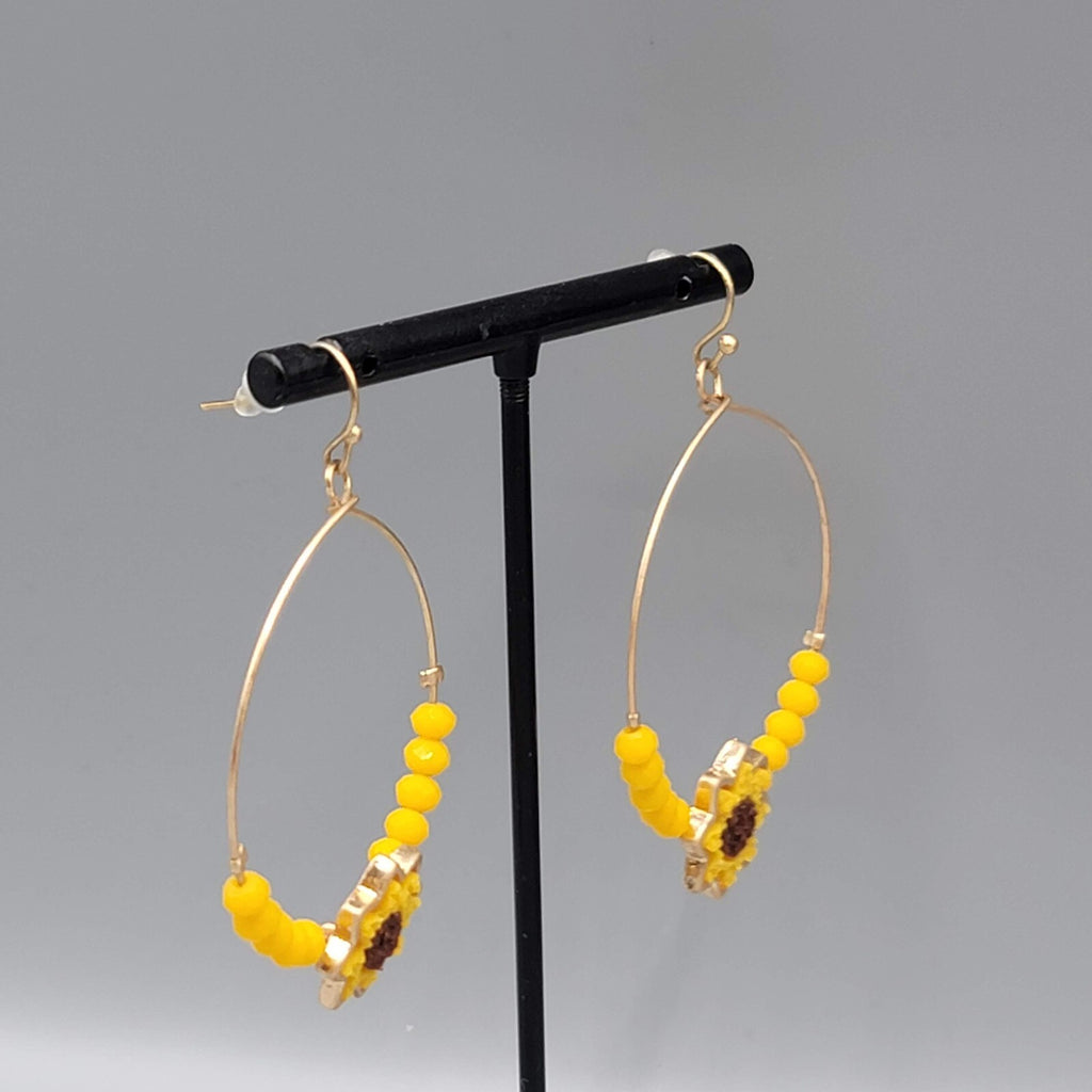 Sunflower Pierced Earrings Gold tone Yellow Bead Dangle hoops 2"