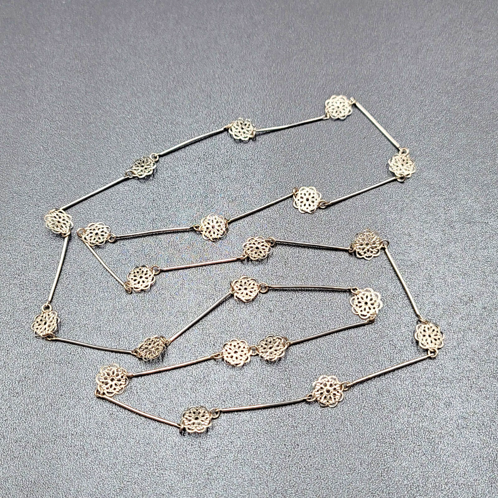 Vintage Necklace Silver tone Filigree Flower Station Chain Long 38"