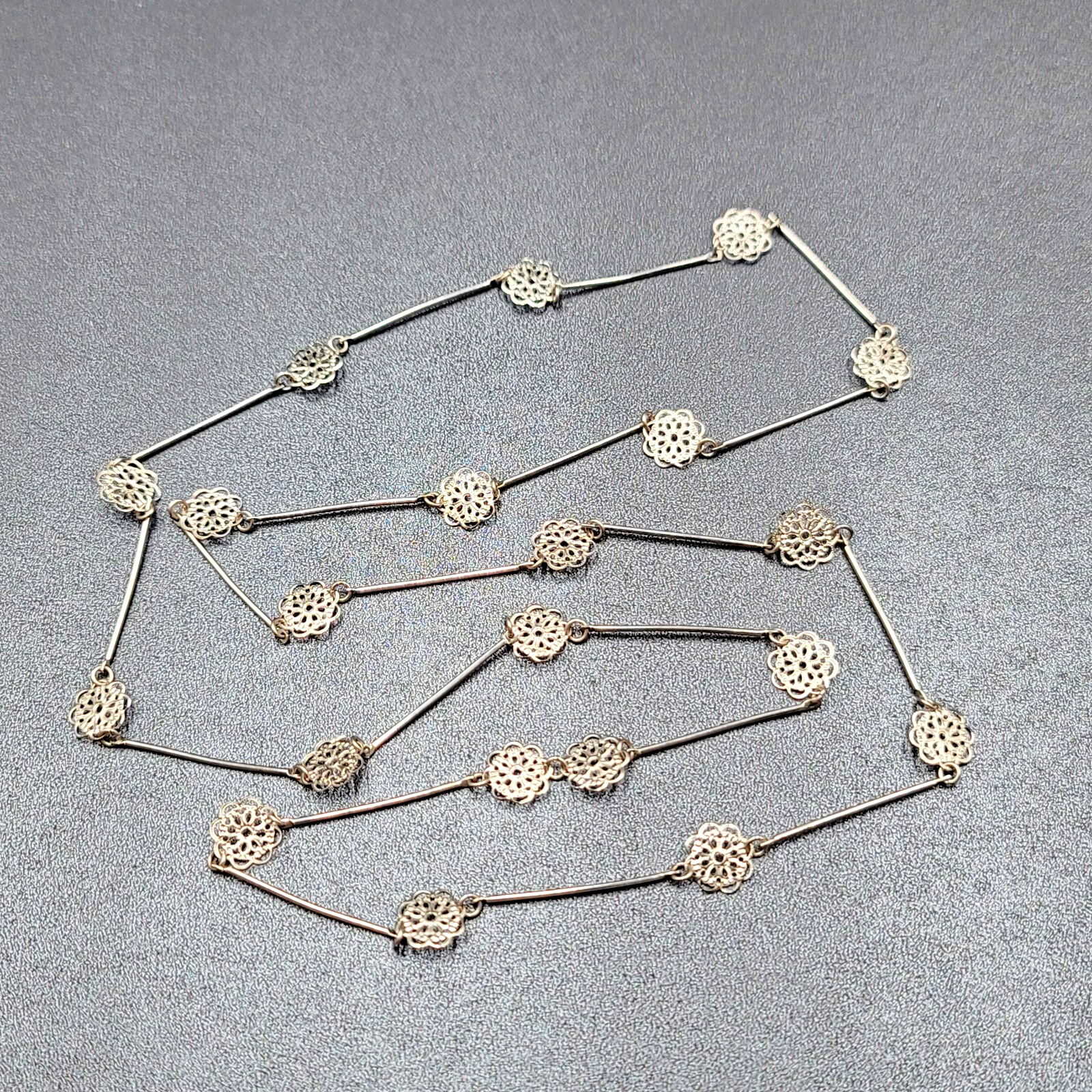 Vintage Necklace Silver tone Filigree Flower Station Chain Long 38"