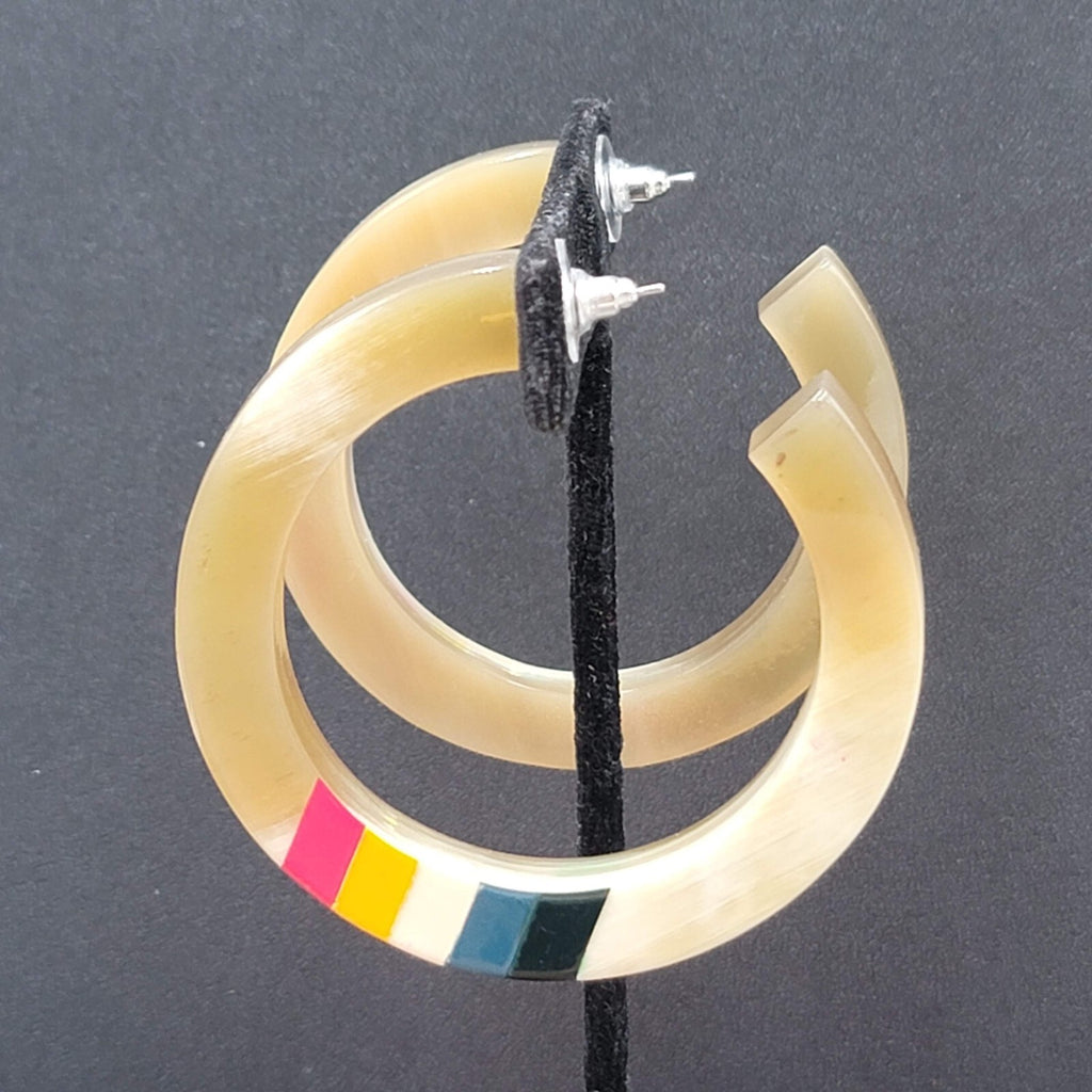 Pierced Earrings Resin Faux Horn Hoops Hand Painted 2 3/8"