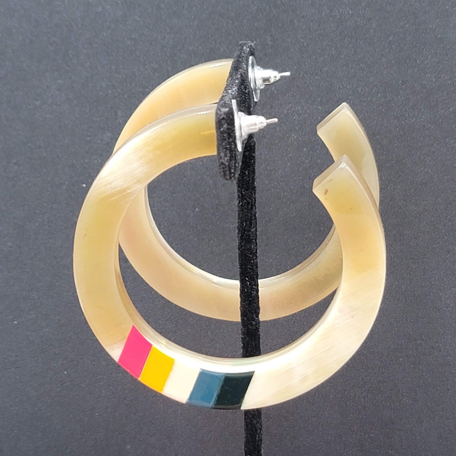 Pierced Earrings Resin Faux Horn Hoops Hand Painted 2 3/8"