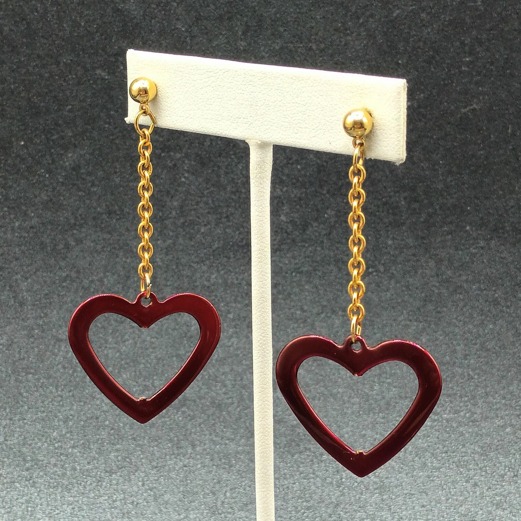 Pierced Earrings Gold tone Chain Sparkle Red Enamel Open Heart 2 1/2"