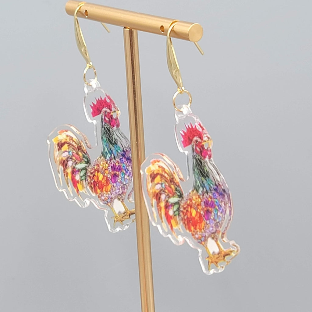 Multicolor Mosiac Rosster Pierced Earrings Acrylic Dangle Gold tone Hook 1.75"