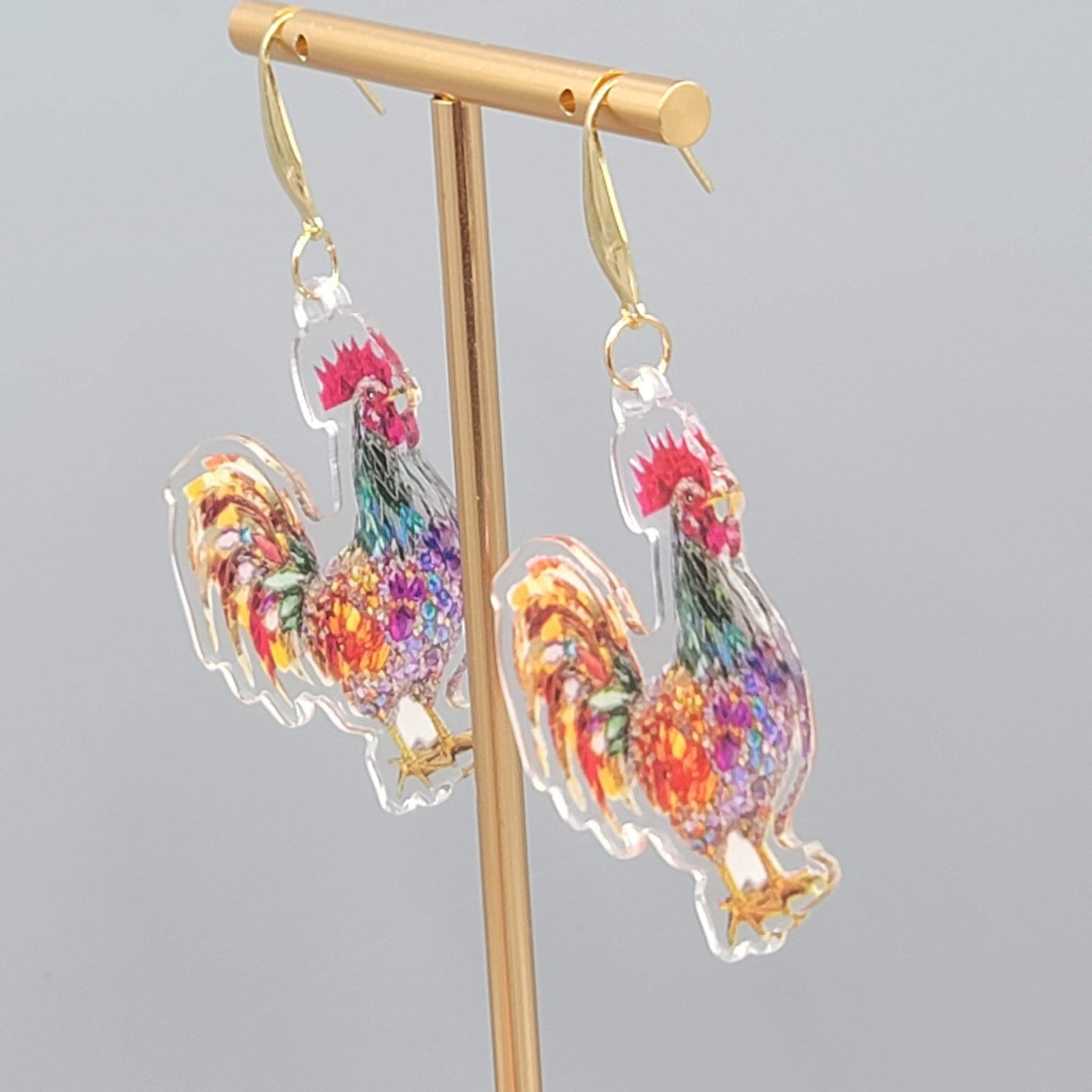 Multicolor Mosiac Rosster Pierced Earrings Acrylic Dangle Gold tone Hook 1.75"