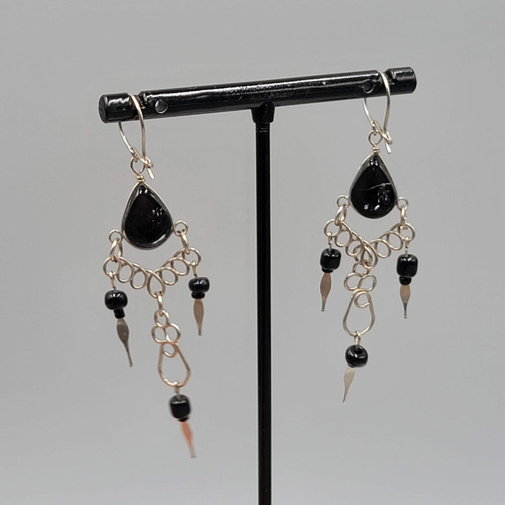 Vintage Black Glass Wire Wrap Pierced Earrings Silver tone Dangle 2"