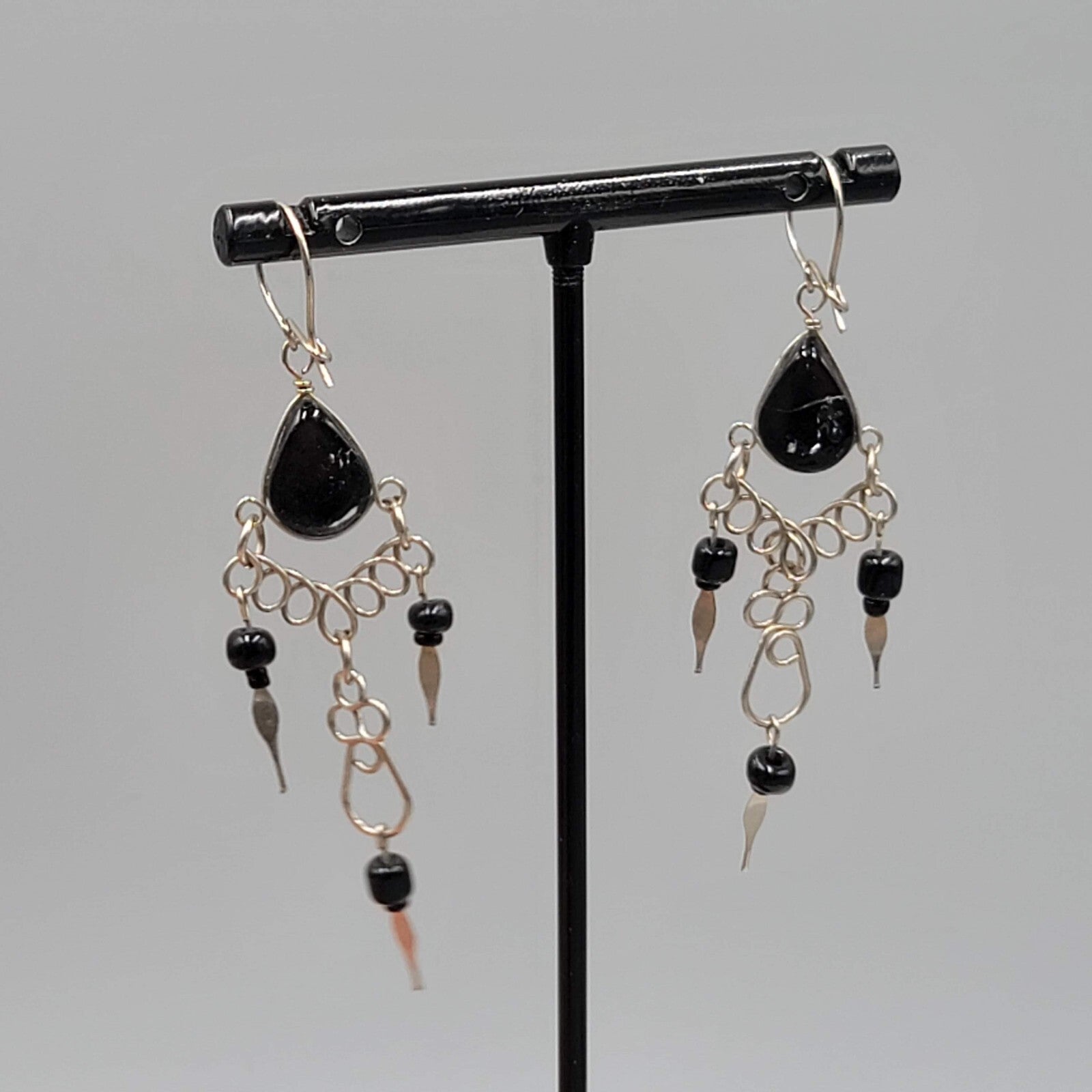 Vintage Black Glass Wire Wrap Pierced Earrings Silver tone Dangle 2"