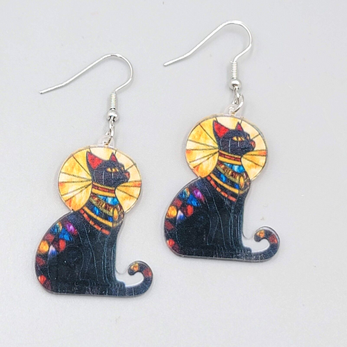 Egyptian Kitty Cat Sun Ray Pierced Earrings Stained Glass Look Acrylic 1.5"