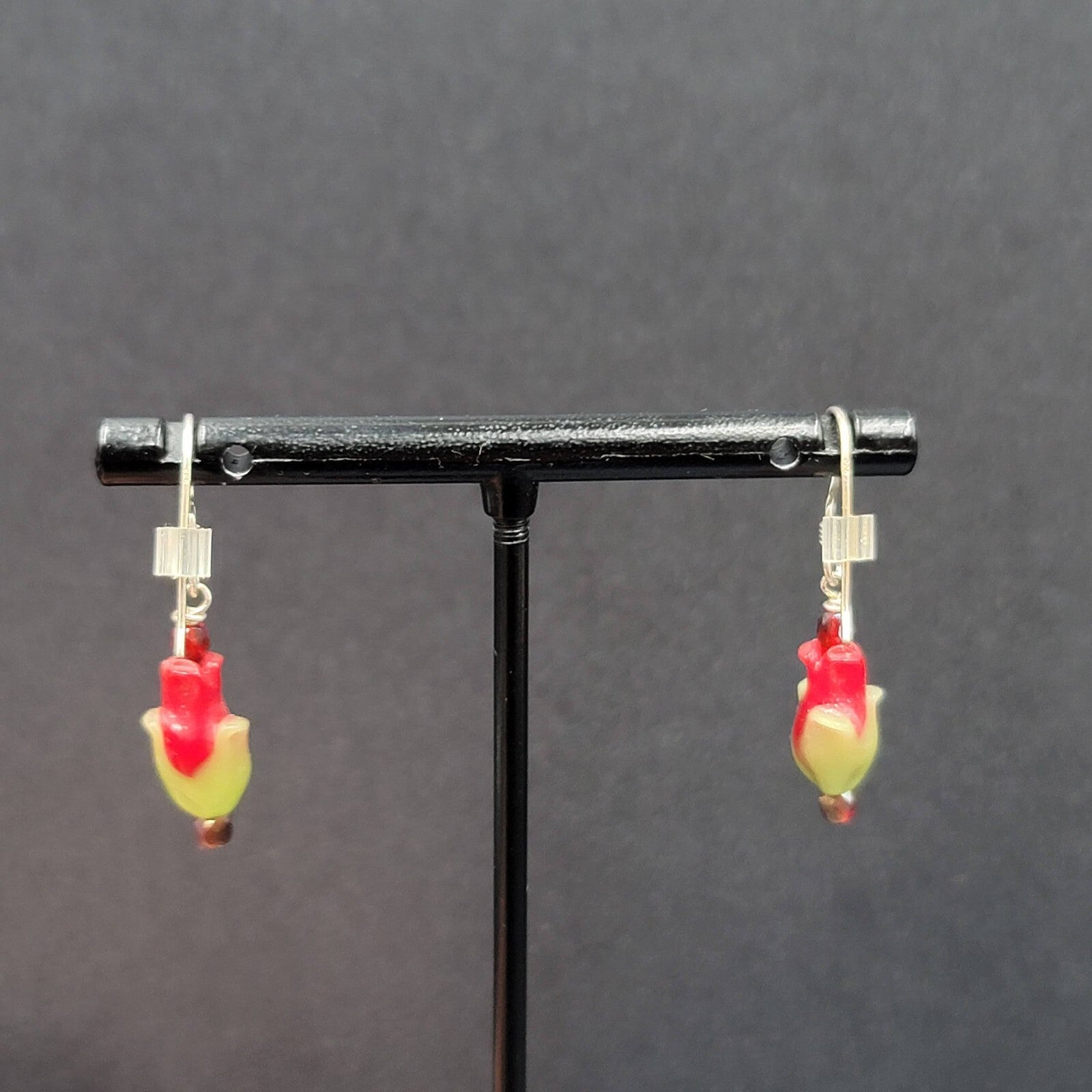Sterling Silver Pierced Earrings Red Green Glass Tulip Flower Dangle 3/4" 925