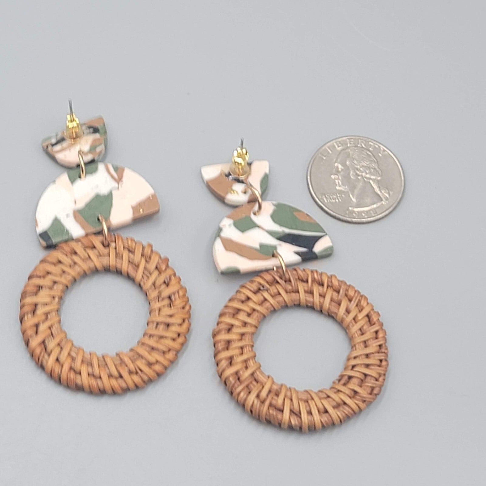 Rattan Multicolor Polymer Clay Pierced Earrings Dangle 2.75"