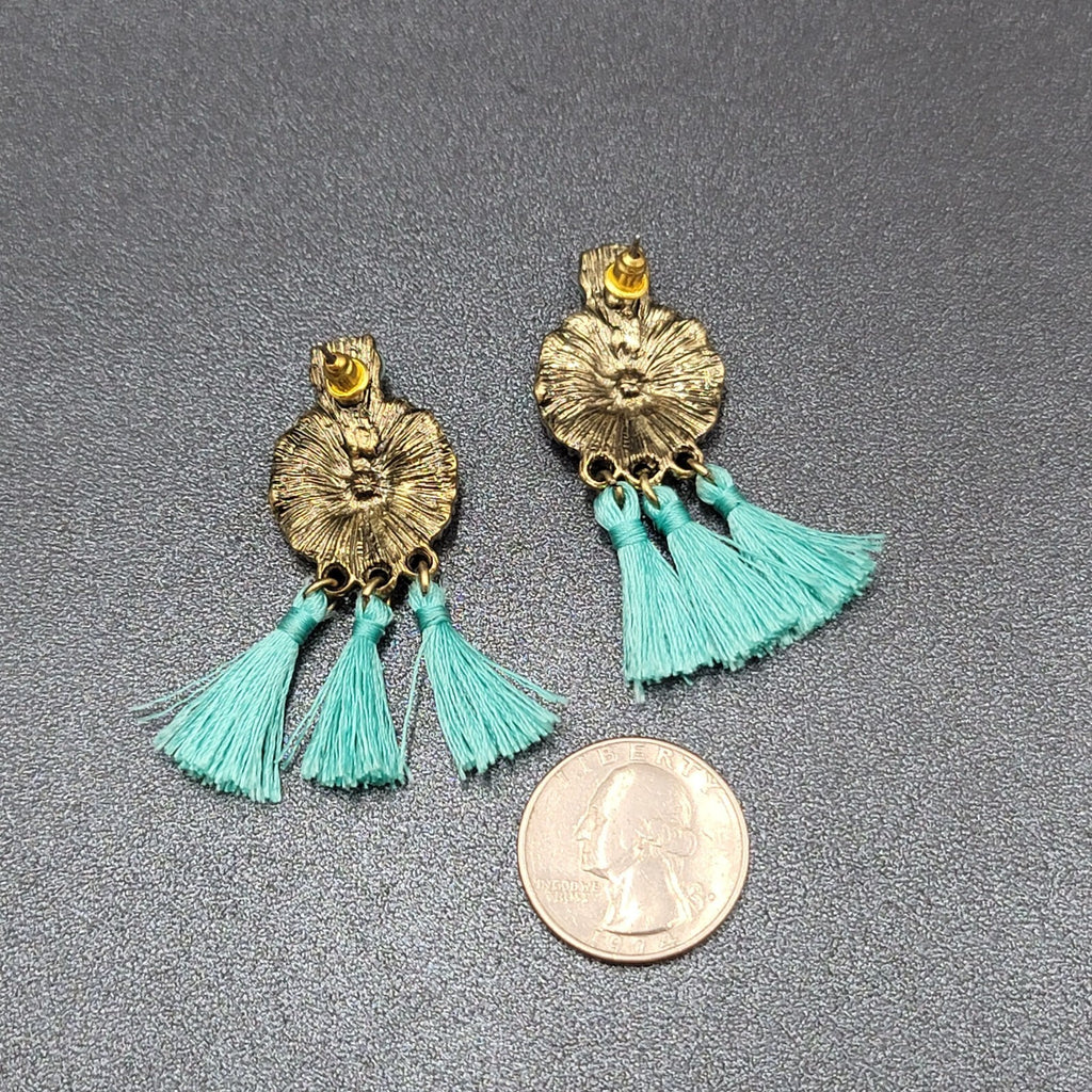 Pierced Earrings Gold tone Blue Rhinestone Tassel 2"