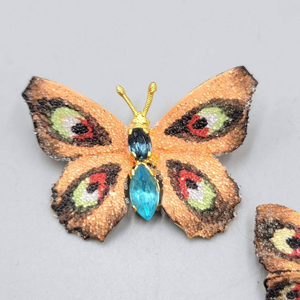 Vintage Butterfly Brooch Flocked Enamel Set of 2 