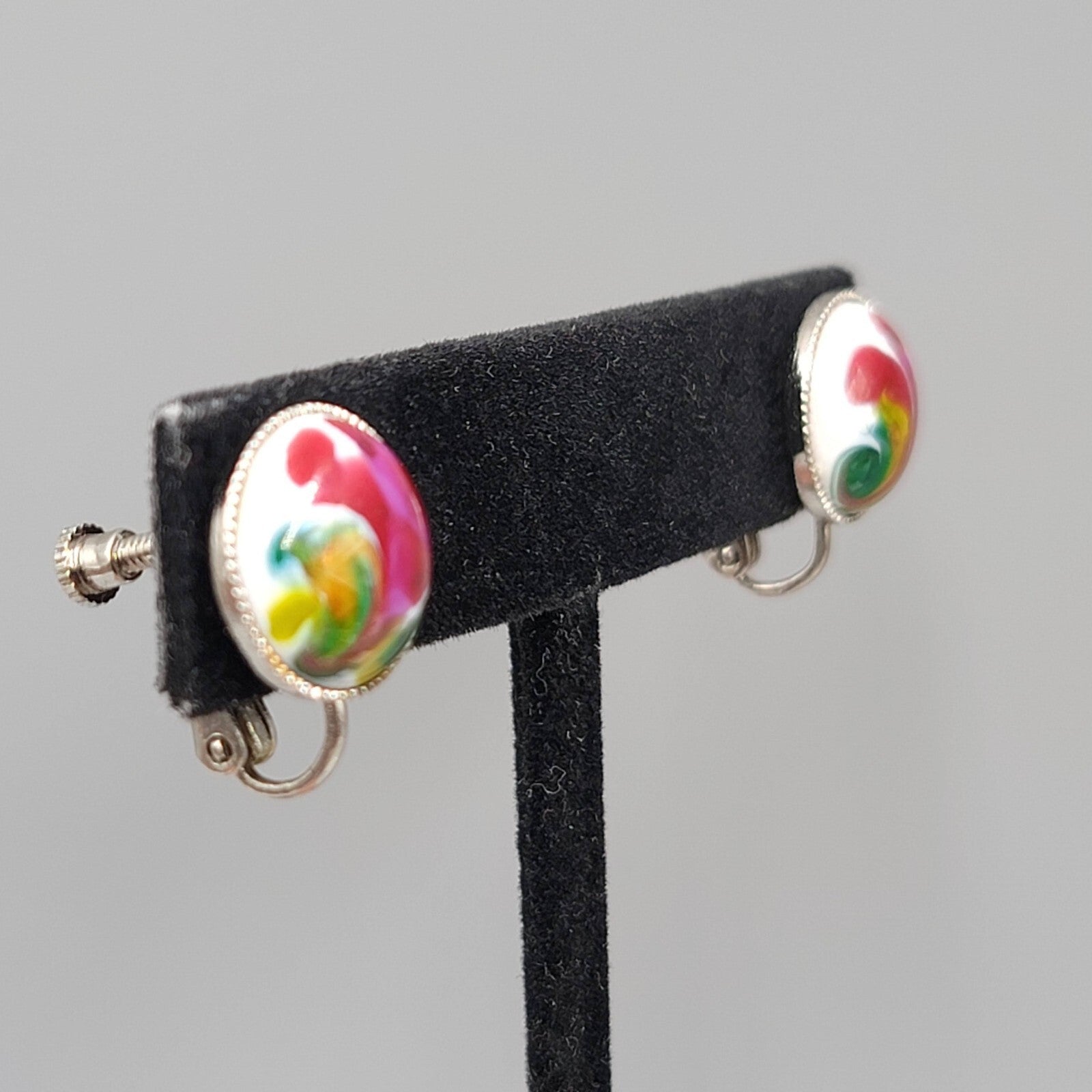 Vintage Clip on Earrings Silver tone Multicolor Glass Cabochon Round Studs 1/2"