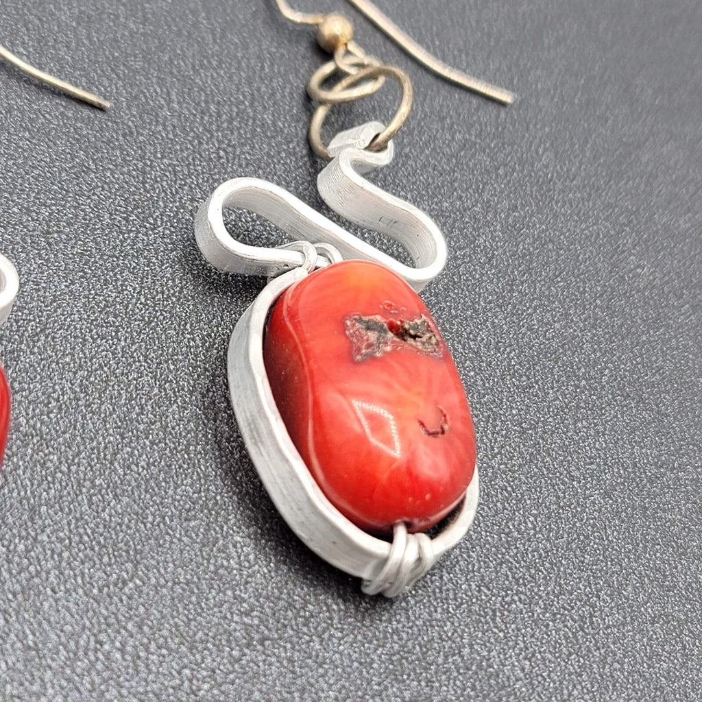 Artisan Pierced Earrings Large Coral Bead Silver tone Dangle 2"