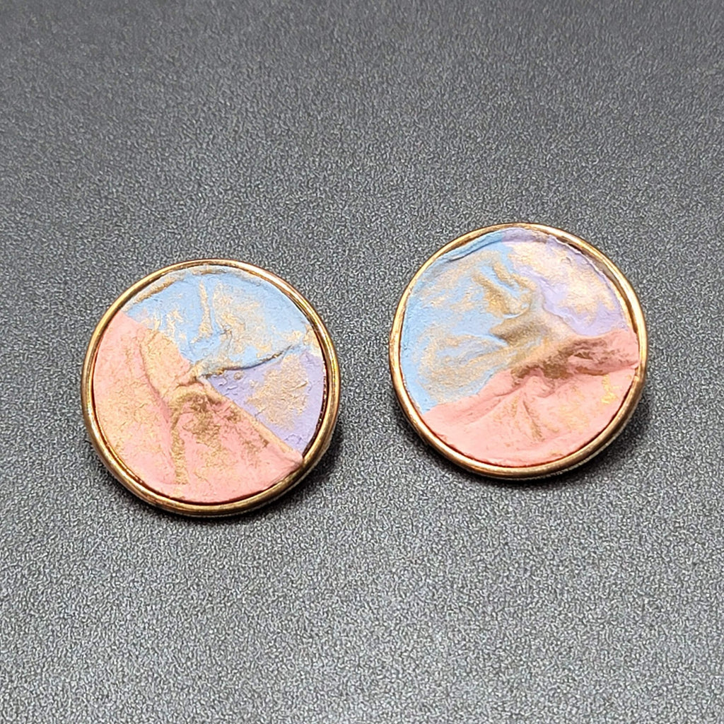 Vintage Pierced Earrings Gold tone Pink Purple Pastel Disc  1.5"