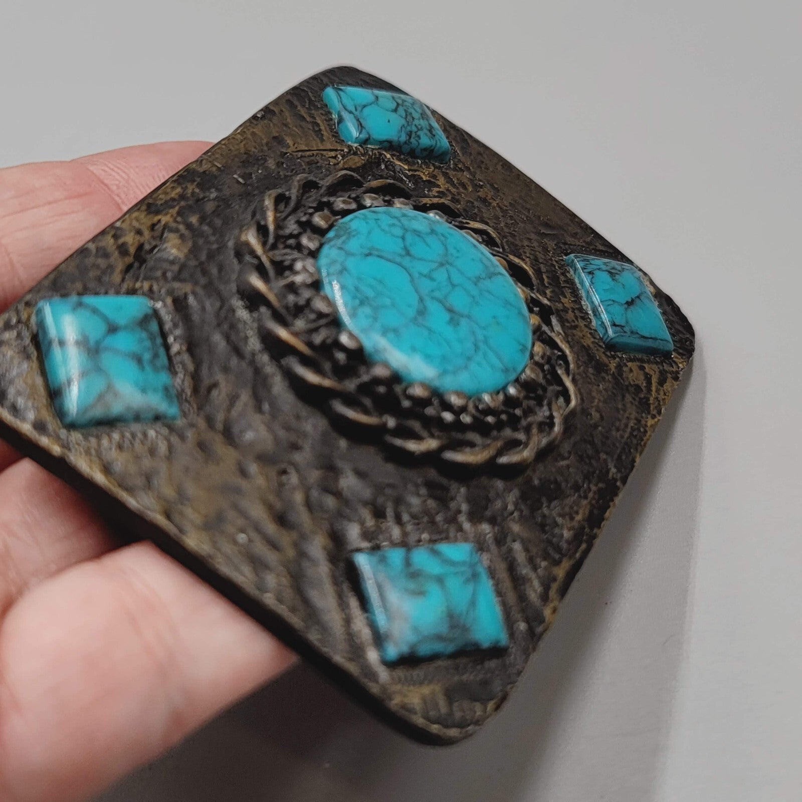 Vintage Belt Buckle Brass Blue Acrylic Accents 3 1/4" x 2 3/8"