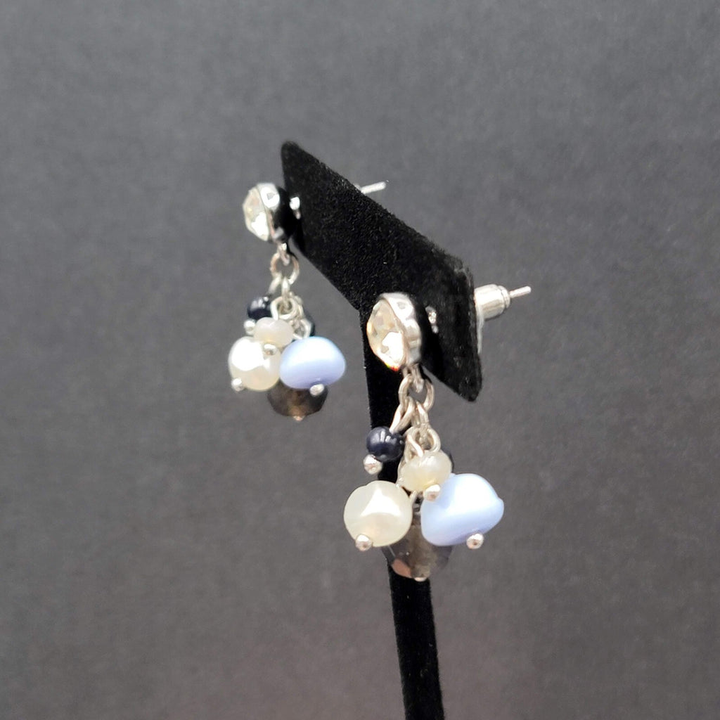 Pierced Earrings Silver tone Crystal Glass Pearl Beads Blues Dangle 1.25"
