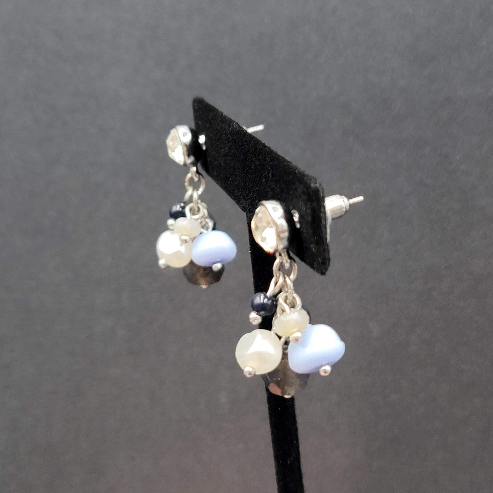 Pierced Earrings Silver tone Crystal Glass Pearl Beads Blues Dangle 1.25"