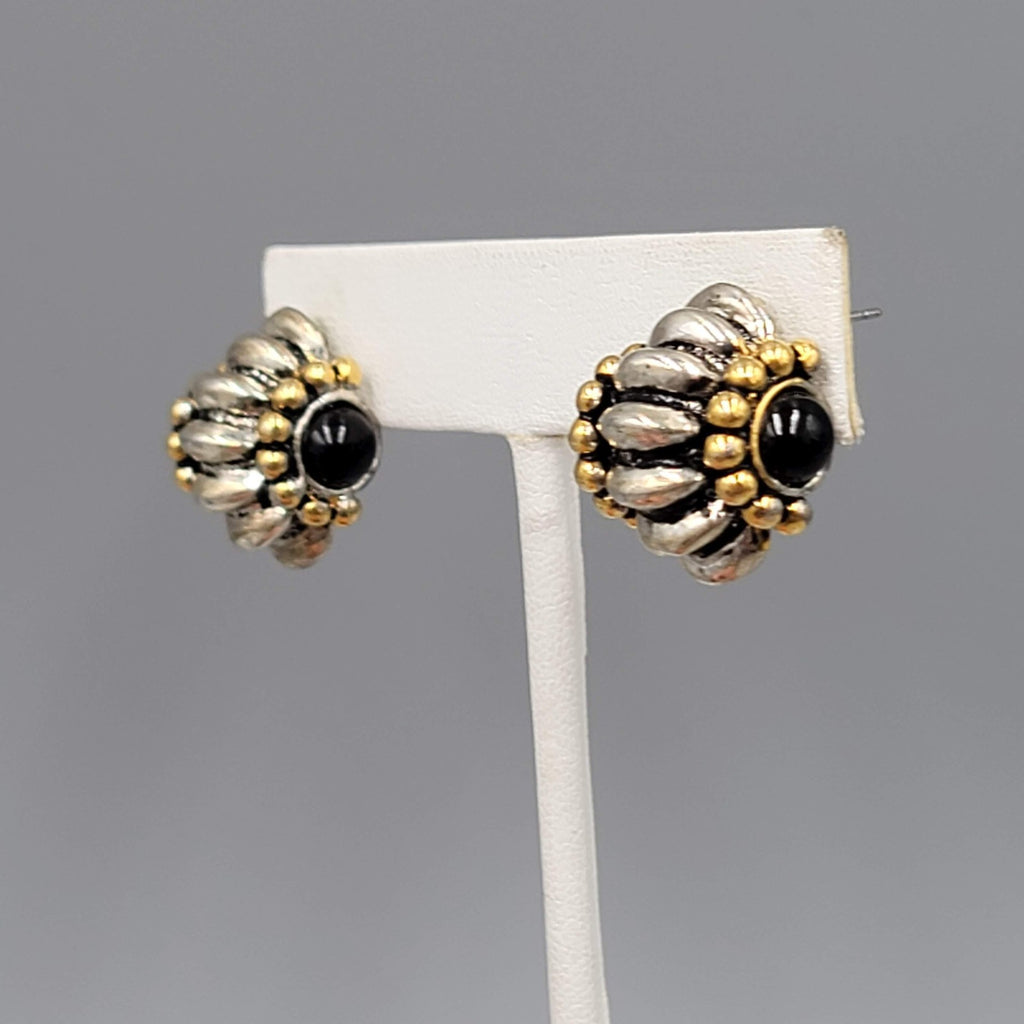 Statement Pierced Earrings Silver and Gold tones Black Bead 3/4 in