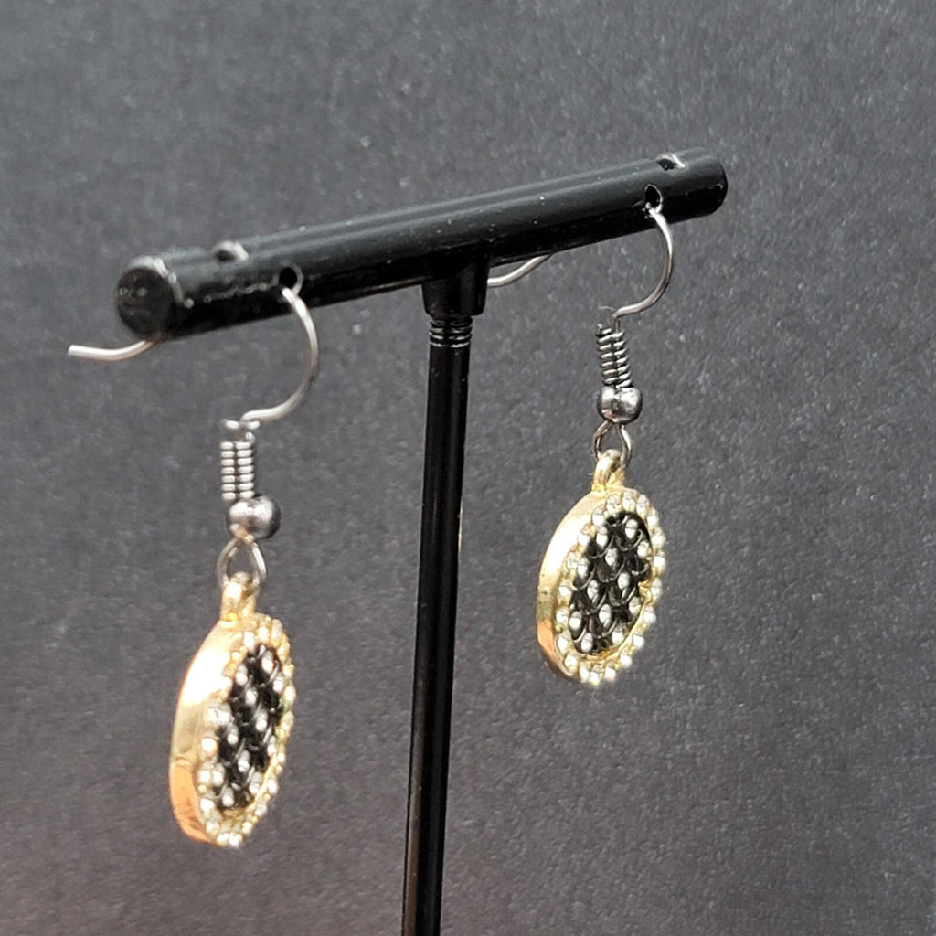Pierced Earrings Black Metal Gold tone Crystal Round Open Work Dangle 5/8"