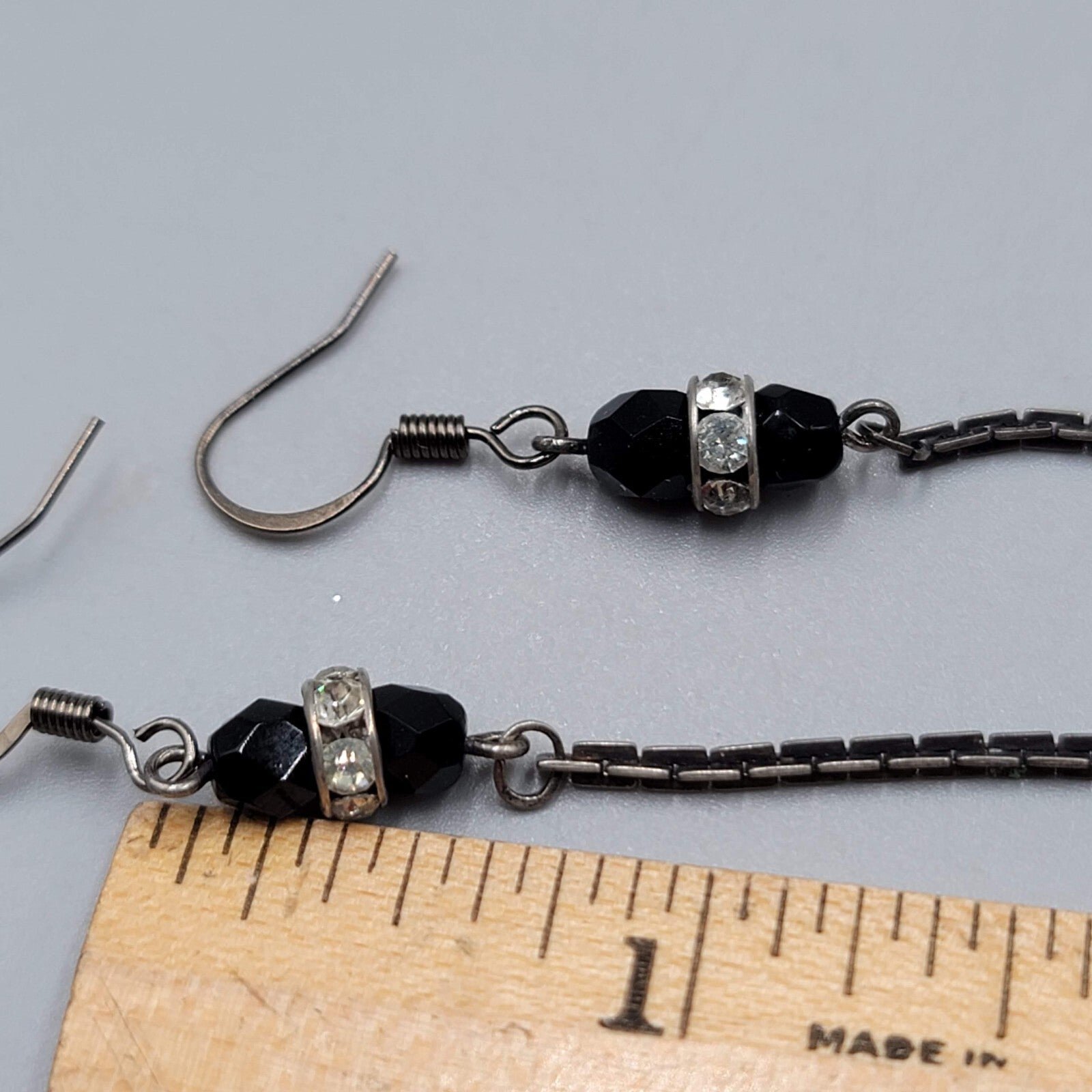 Black Metal Chain Pierced Earrings Rhinestone Bead Dangle 3"