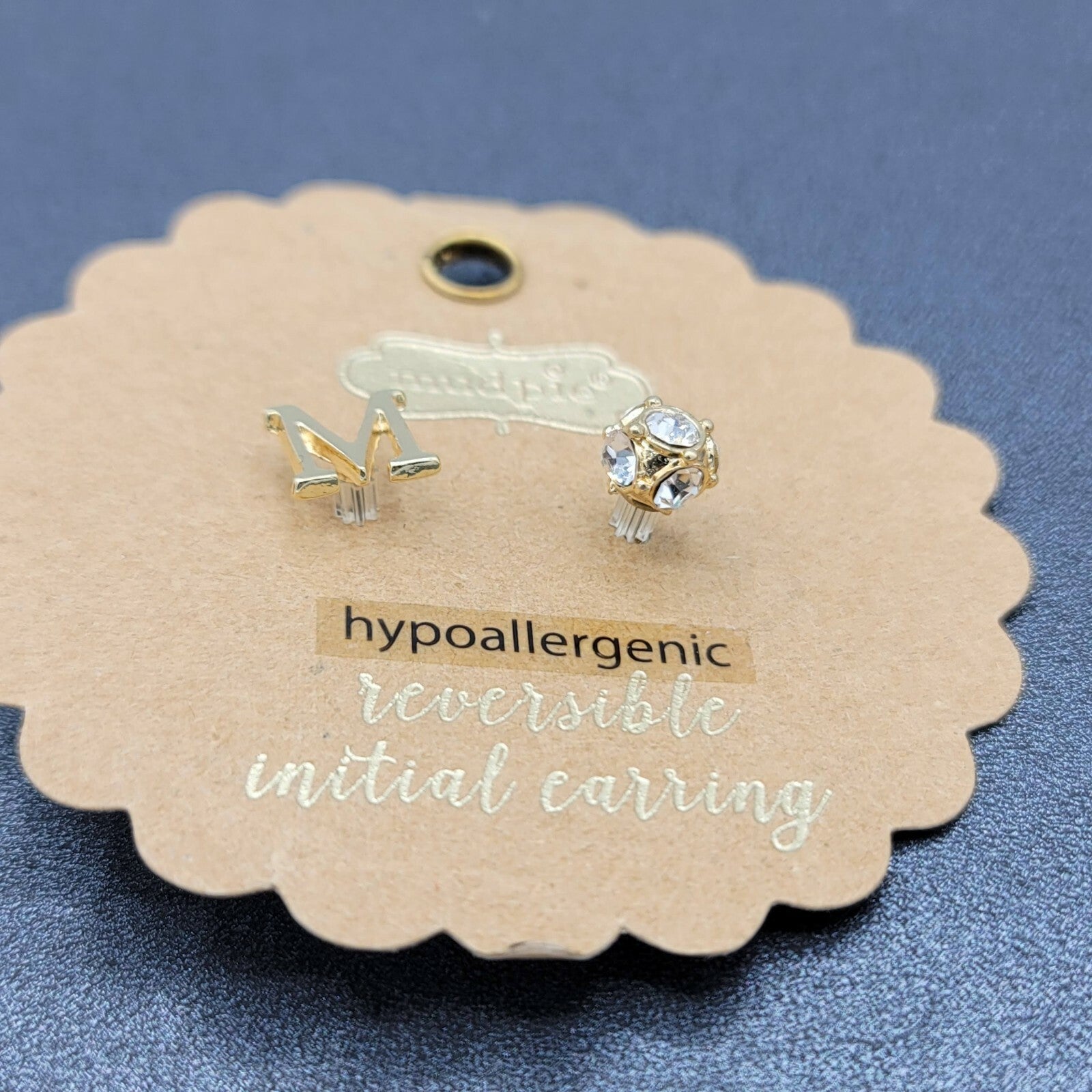 Mud Pie Gold tone Initial Letter M Reversible Crystal Pierced Stud Earrings