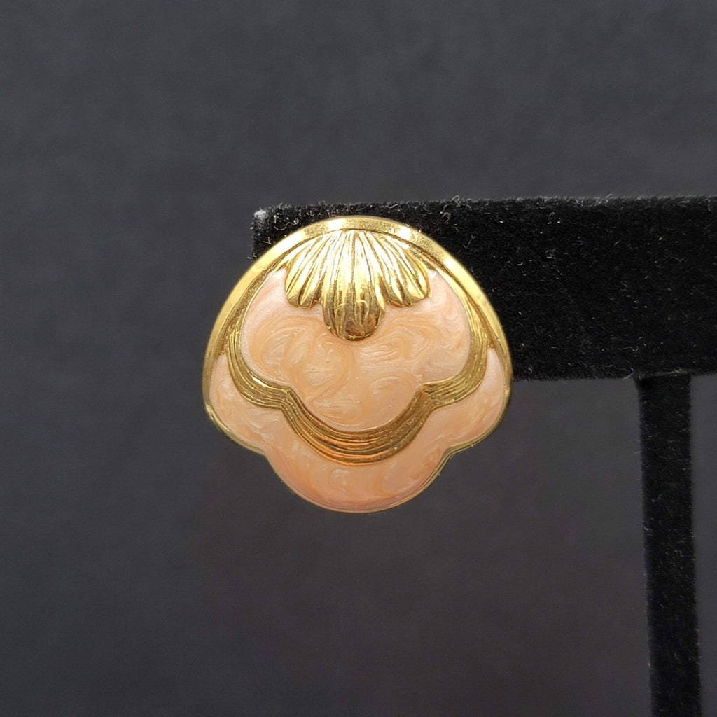Vintage Pierced Earrings Gold Plated Peach Swirl Enamel Shell Design 1"